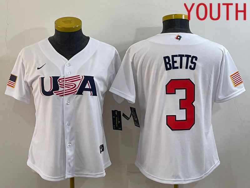 Youth 2023 World Cub USA #3 Betts White MLB Jersey6->youth mlb jersey->Youth Jersey